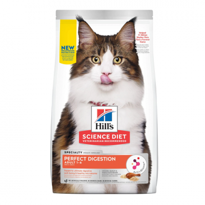 Hill’s Science Diet Adult Cat Perfect Digestion Chicken อาหารชนิดเม็ด ฮิลล์ สำหรับแมวอายุ 1-6 ปี ปรับสมดุลลำไส้ สูตรไก่ – 1.58 kg.