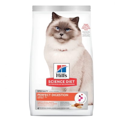 Hill’s Science Diet Adult Cat 7+ Perfect Digestion อาหารชนิดเม็ด ฮิลล์ สำหรับแมวอายุมากกว่า 7 ปี ปรับสมดุลลำไส้ สูตรไก่ – 1.58 kg.