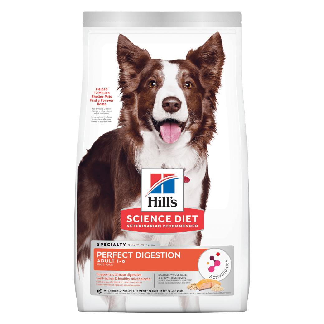 Hill's Science Diet Adult Perfect Digestion Salmon ฮิลล์ อาหารชนิดเม็ดสำหรับสุนัขปรับสมดุลลำไส้ สูตรแซลม่อน - 1.58 kg.