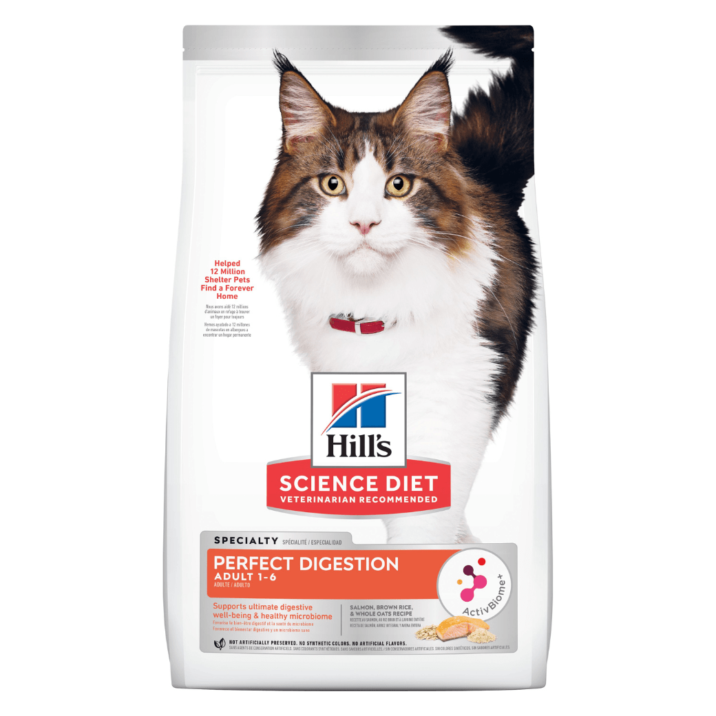 Hill's Science Diet Adult Cat Perfect Digestion Salmon ฮิลล์ อาหารชนิดเม็ดสำหรับแมวอายุ 1-6 ปี ปรับสมดุลลำไส้ สูตรแซลมอน 1.58 kg.